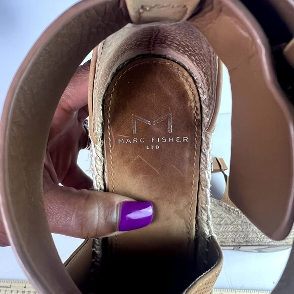 🟢 Marc Fisher Size 6 Brown Perforated Open Toe Espadrille Wedge Sandals - Picture 9 of 10